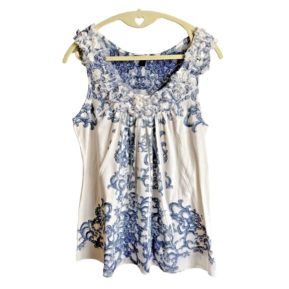 Espresso Tops - ESPRESSO Y2K Babydoll Tank Top L Lace Blue Floral Camisole Boho Cottage Fairy